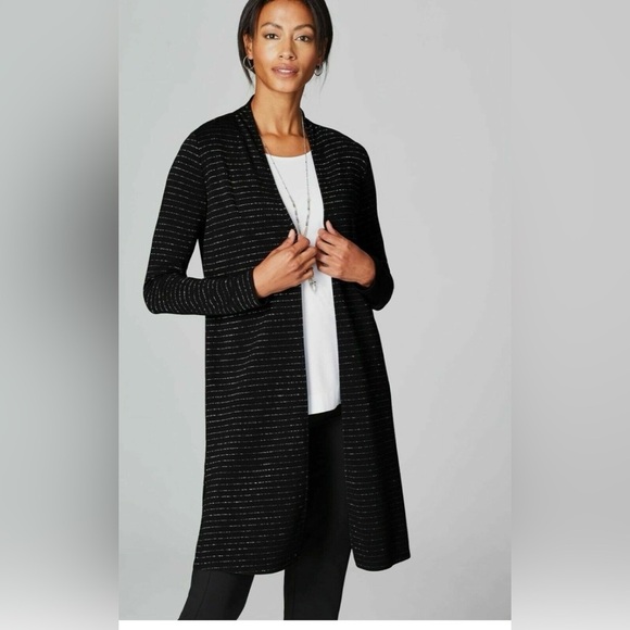 J.Jill Luxurious Wearever Ottoman-Knit Open-Front Cardigan Duster Black/Silver M - Picture 1 of 13